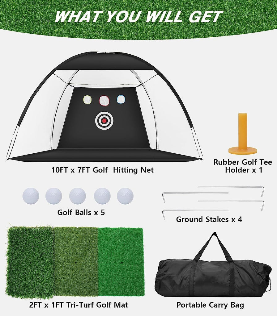 Golf Net, 10X7Ft Golf Practice Net with Tri-Turf Golf Mat - -