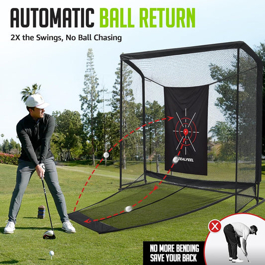 Golf Net, 8x8ft Golf Simulator Enclosure Net with Auto - Ball Return - 