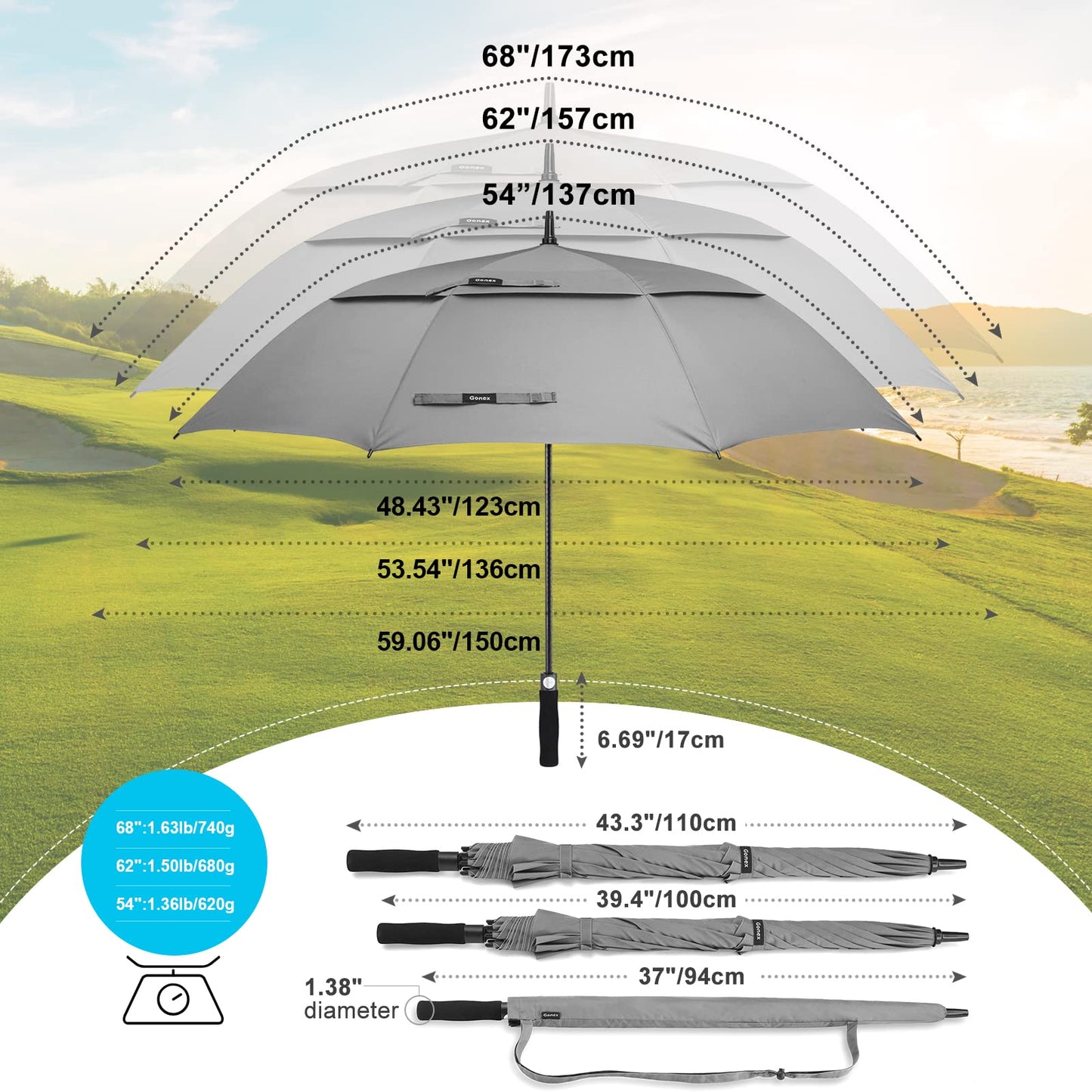 Gonex 54/62/68/72/80 Inch Extra Large Golf Umbrella - Black - 72 inch