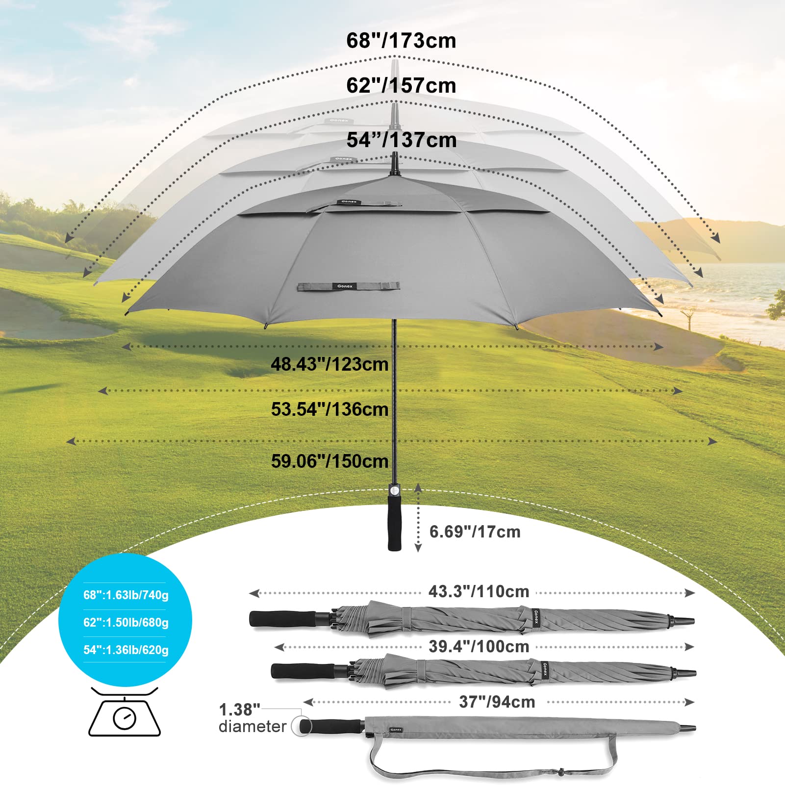 Gonex 54/62/68/72/80 Inch Extra Large Golf Umbrella - Black - 72 inch