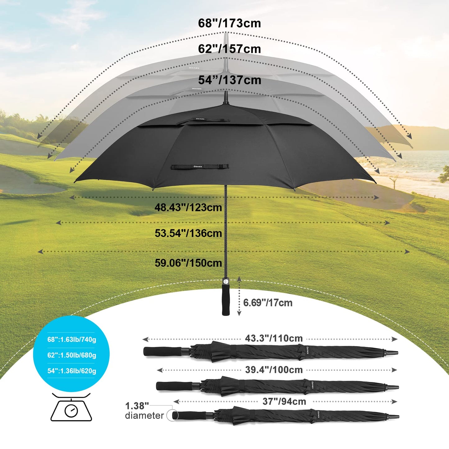 Gonex 54/62/68/72/80 Inch Extra Large Golf Umbrella - Black - 72 inch