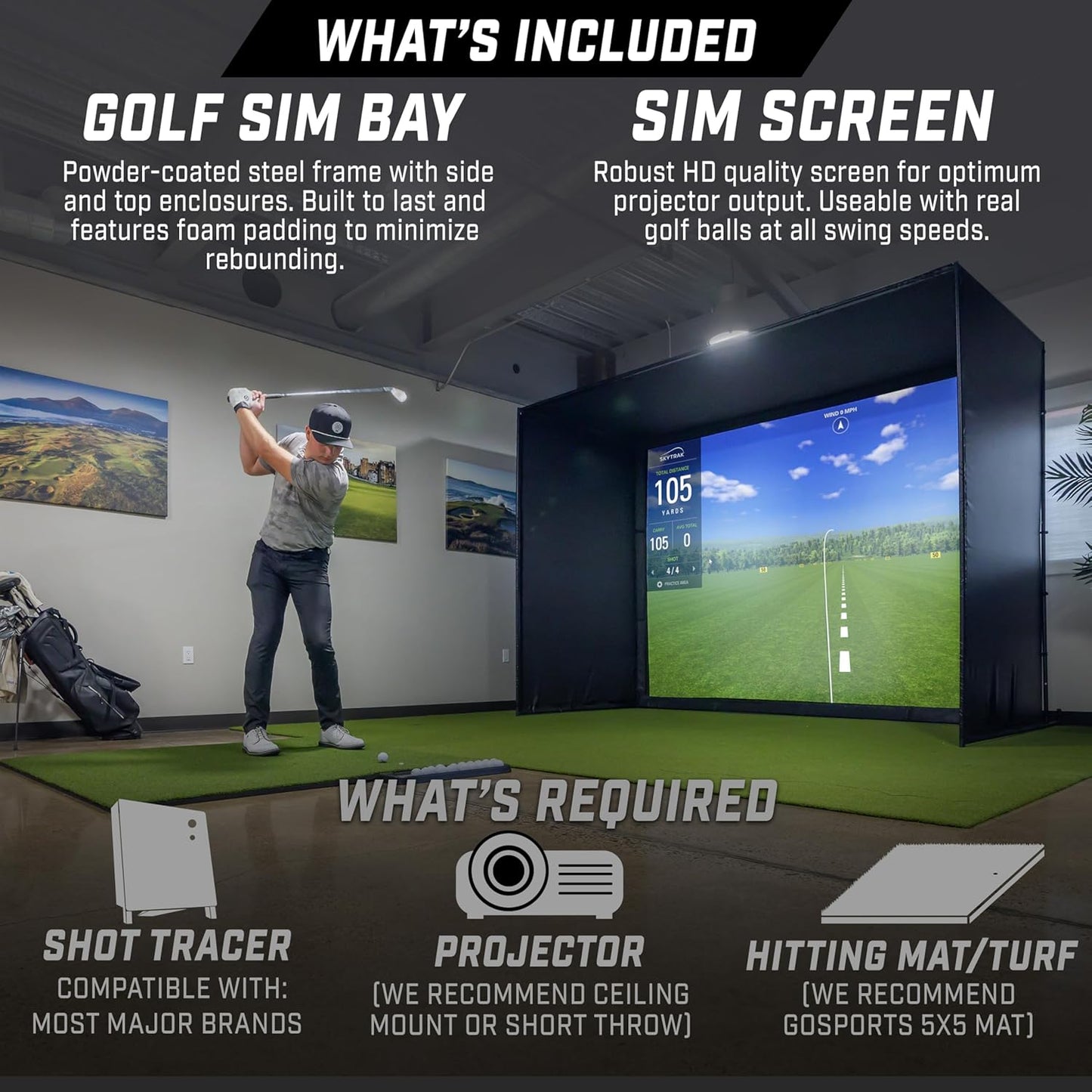 GoSports Golf Simulator Enclosure - Complete Set with Frame and HD Impact Screen Kit - 10 x 8 ft - 