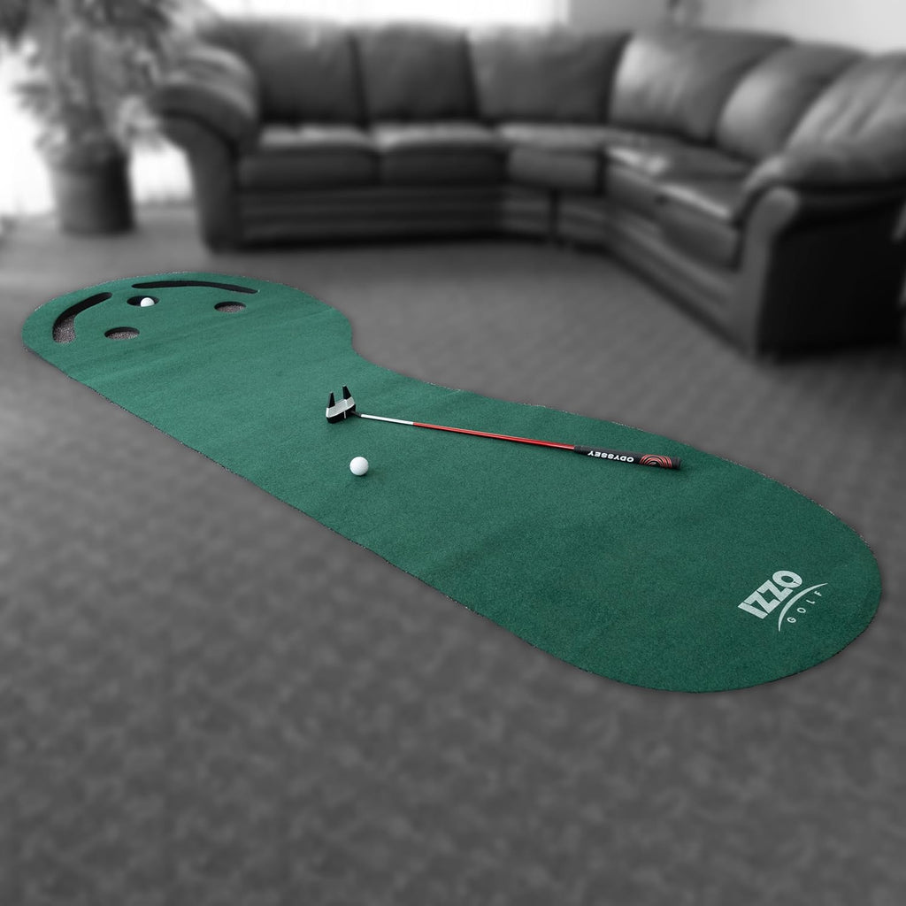 IZZO Golf 3' x 9' 3 - Hole Putting Mat - Green Kidney Shaped 3 Hole Putting mat Training aid to Help Practice Putting - 