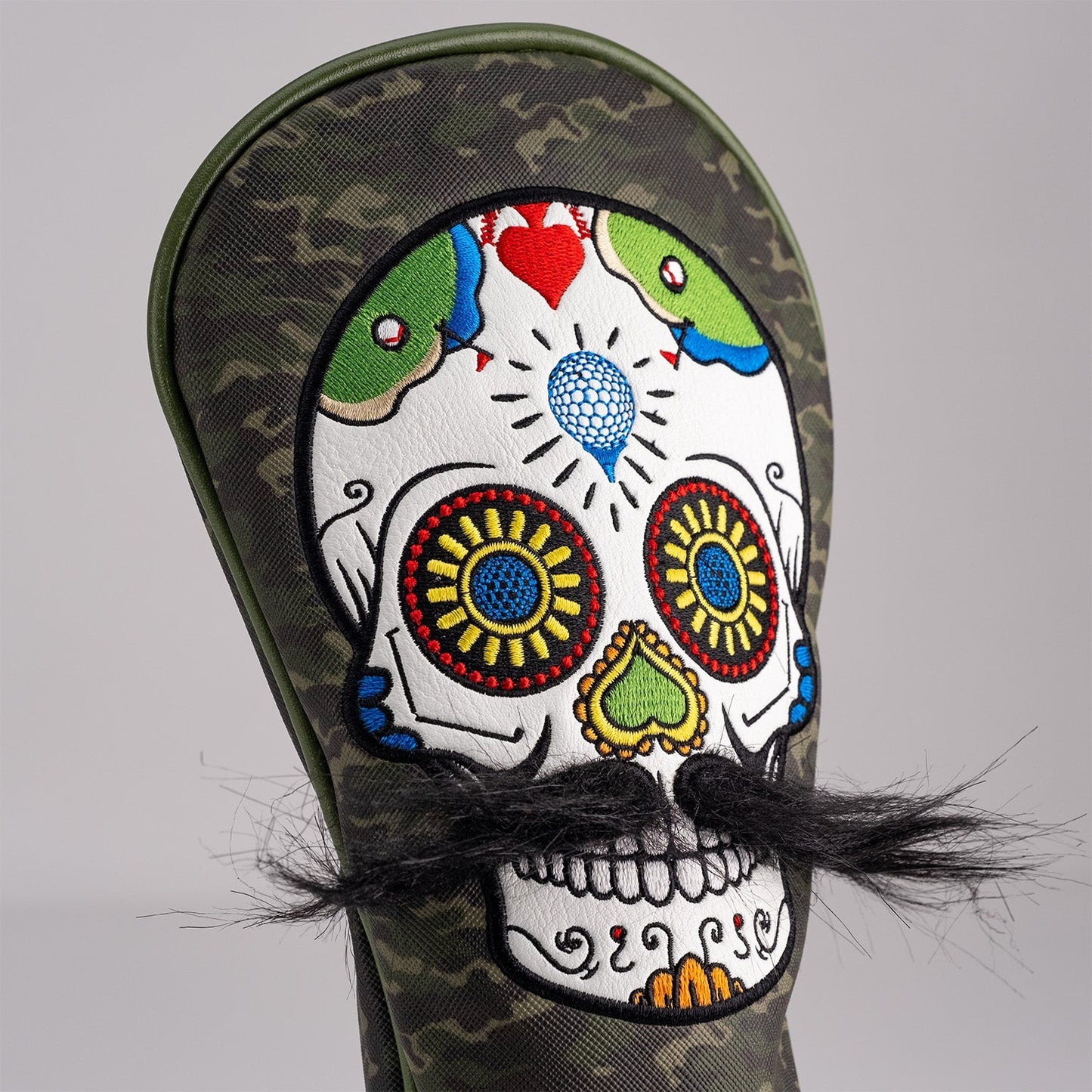 Mustache Sugar Skull - Fairway Cover Green Camo - Pins and Aces