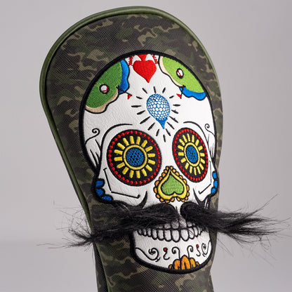 Mustache Sugar Skull - Fairway Cover Green Camo - Pins and Aces