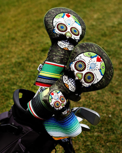 Mustache Sugar Skull - Fairway Cover Green Camo - Pins and Aces