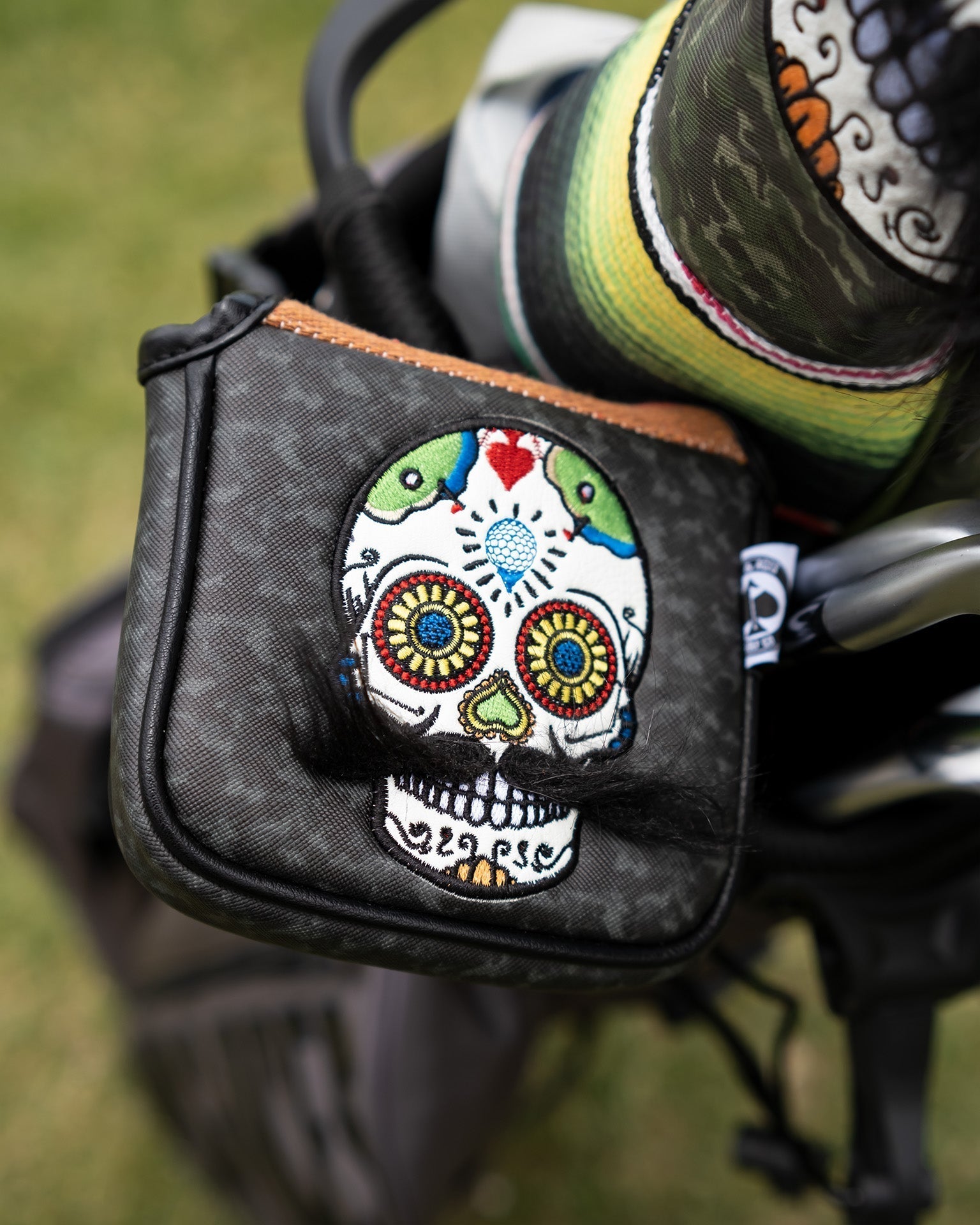 Mustache Sugar Skull - Mallet Putter Cover Gray Camo - Pins and Aces