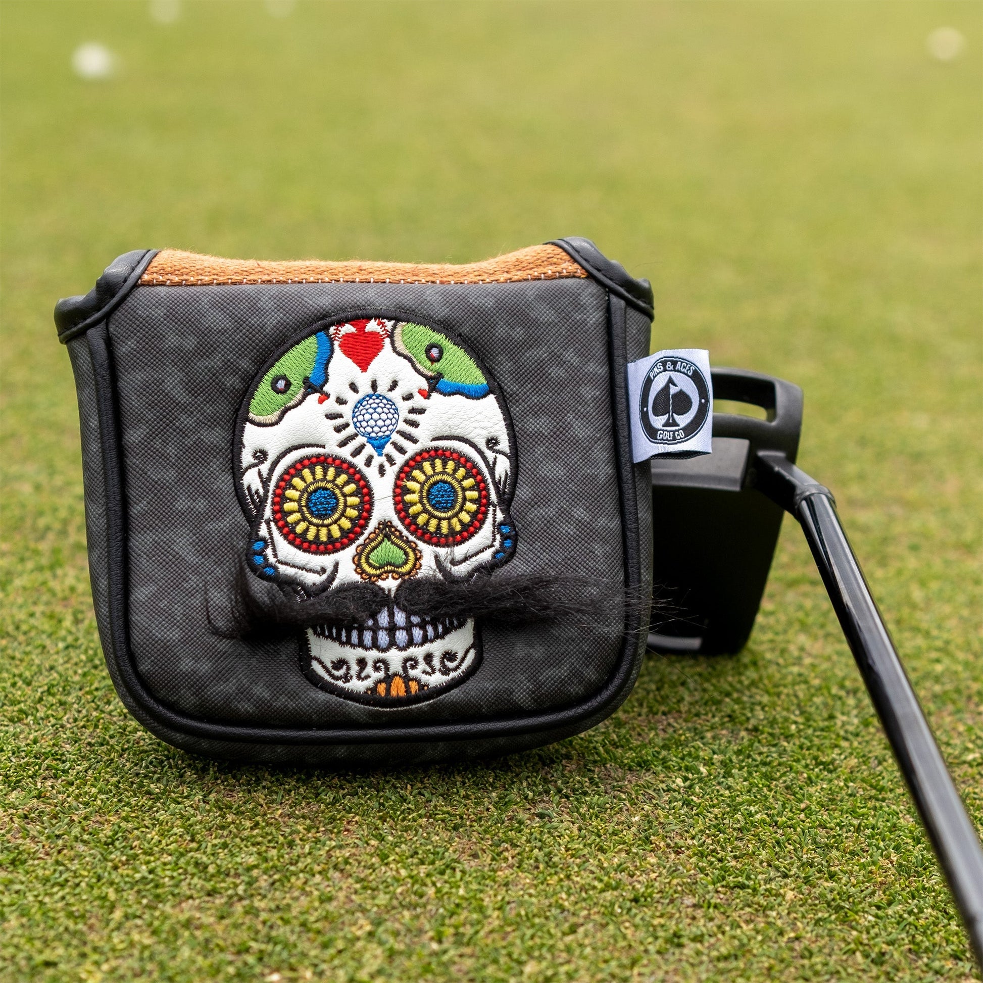 Mustache Sugar Skull - Mallet Putter Cover Gray Camo - Pins and Aces