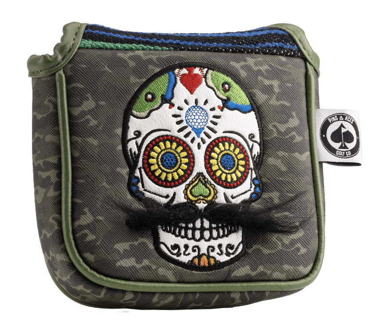 Mustache Sugar Skull - Mallet Putter Cover Green Camo - Pins and Aces