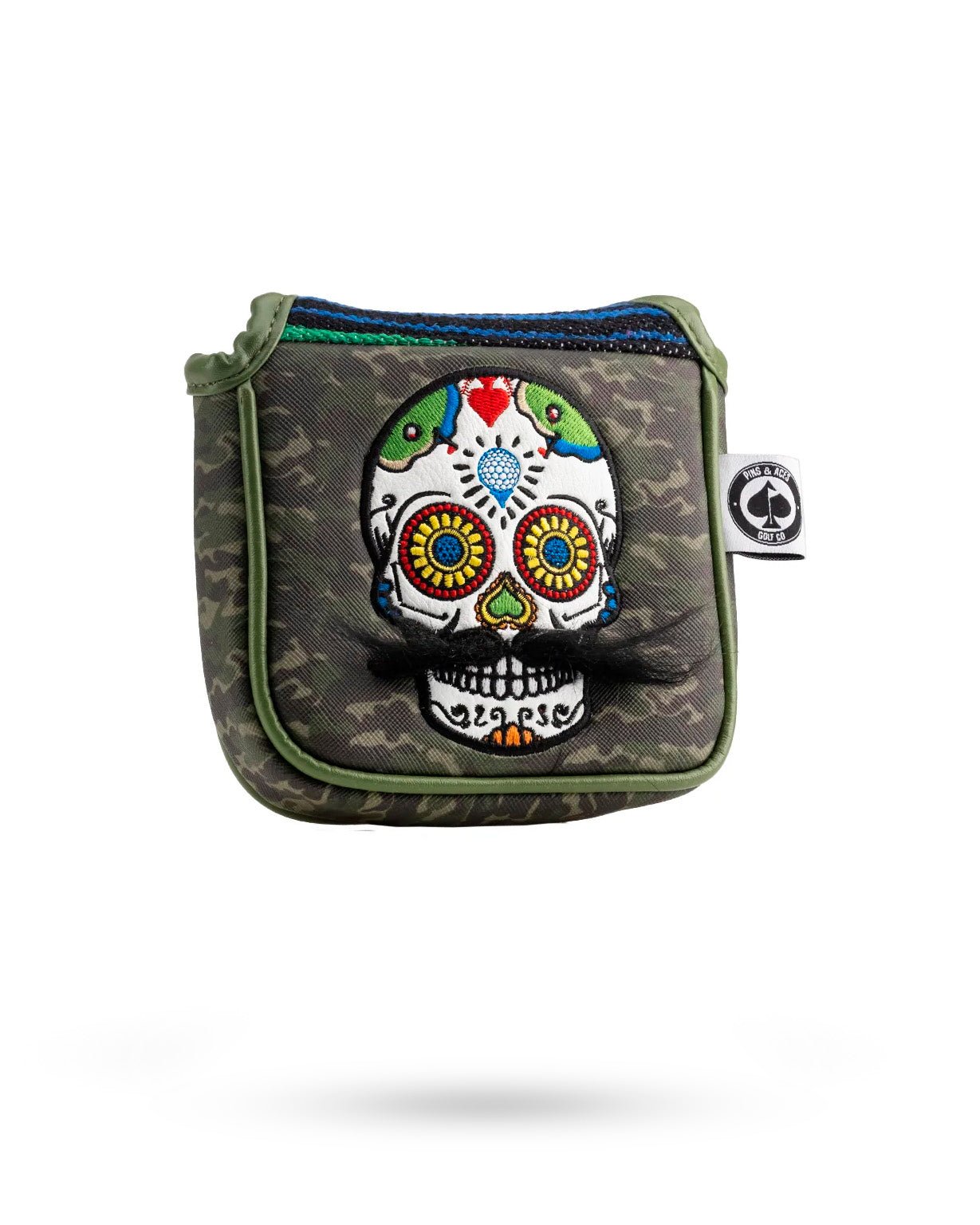 Mustache Sugar Skull - Mallet Putter Cover Green Camo - Pins and Aces