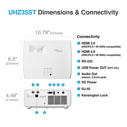Optoma UHZ35 Projector - 4K UHD Laser Projector for Home Theater and Gaming - UHD35STx (Latest, Lamp, Short Throw) - 