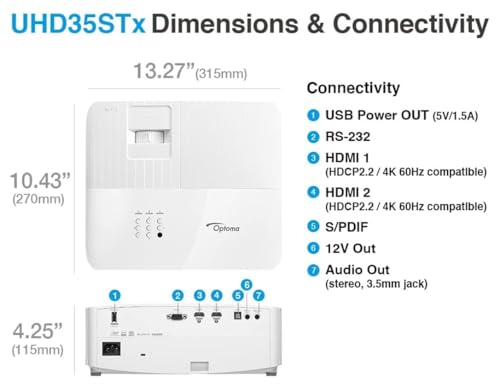 Optoma UHZ35 Projector - 4K UHD Laser Projector for Home Theater and Gaming - UHD38x (Latest, Lamp, Standard Throw) - 