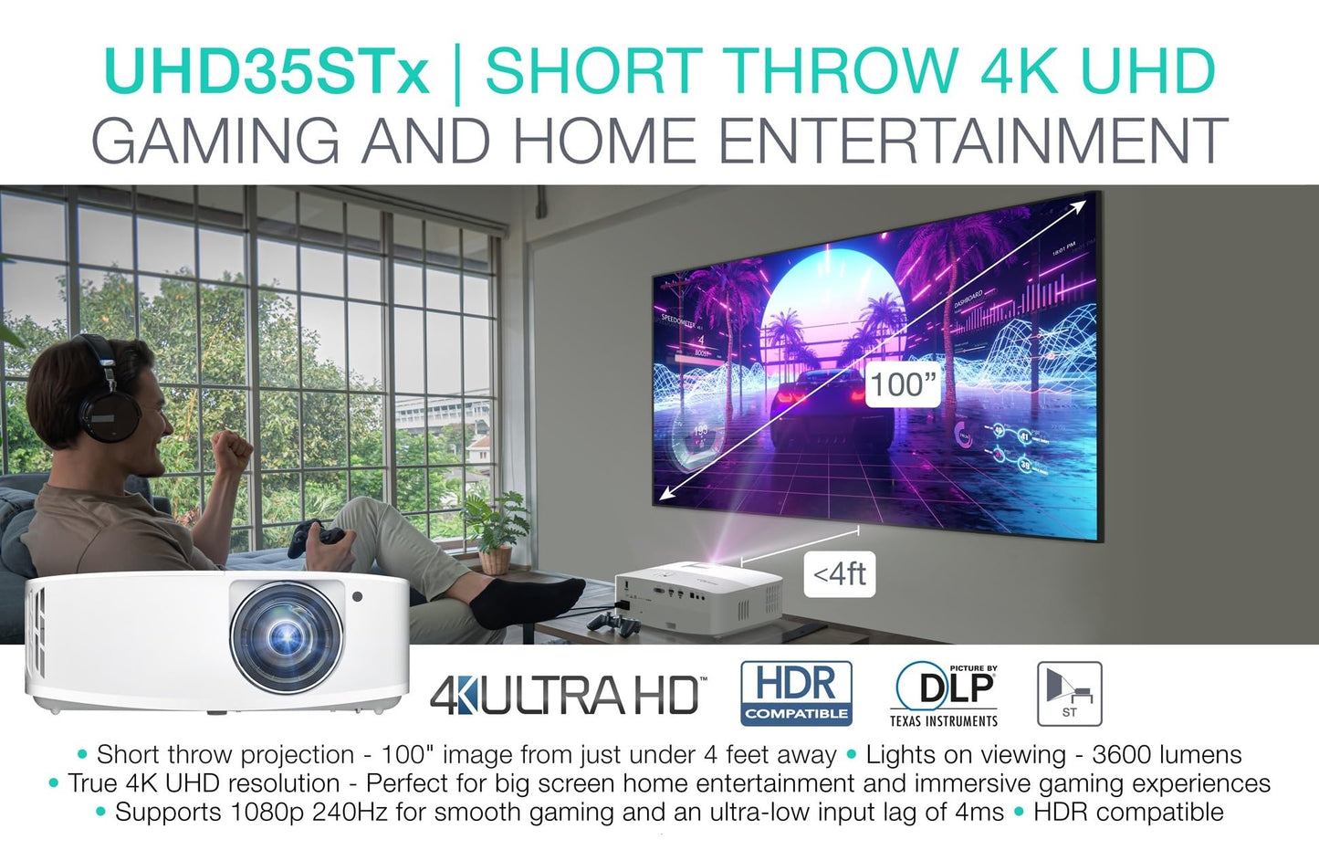 Optoma UHZ35 Projector - 4K UHD Laser Projector for Home Theater and Gaming - UHD38x (Latest, Lamp, Standard Throw) - 