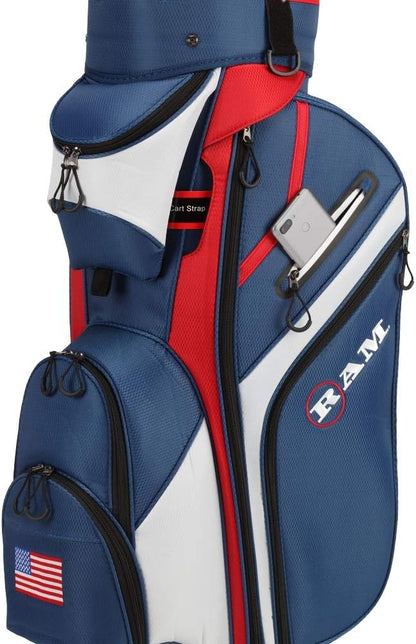 Ram Golf Premium Cart Bag with 14 Way Molded Organizer Divider Top - USA Flag - 