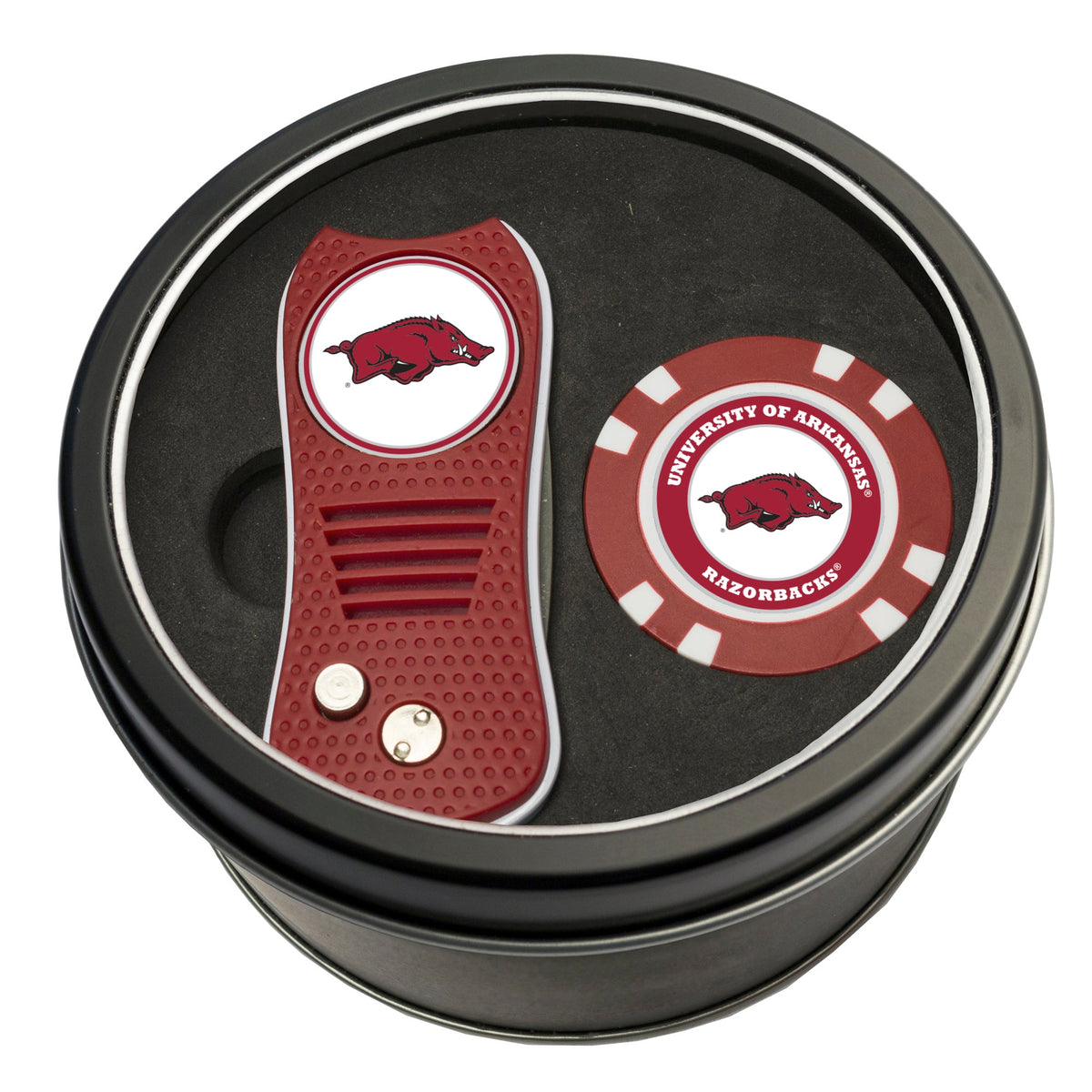 Team Golf Arkansas Golf Gift Sets - Tin - Divot Tool & Poker Chip - 