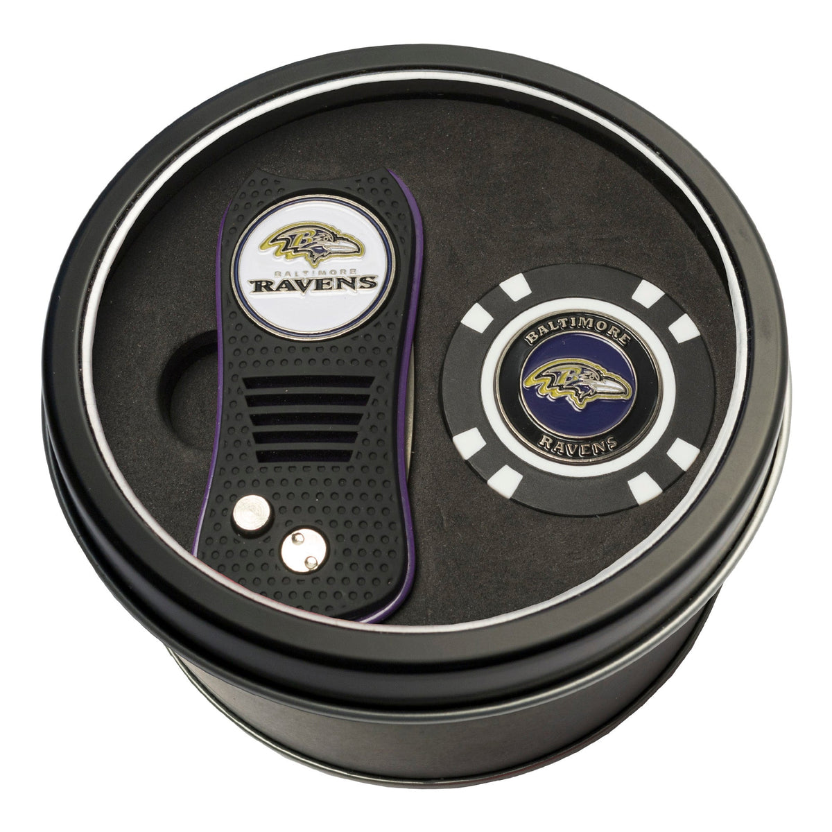 Team Golf Baltimore Ravens Golf Gift Sets - Tin-Divot Tool & Poker Chip -