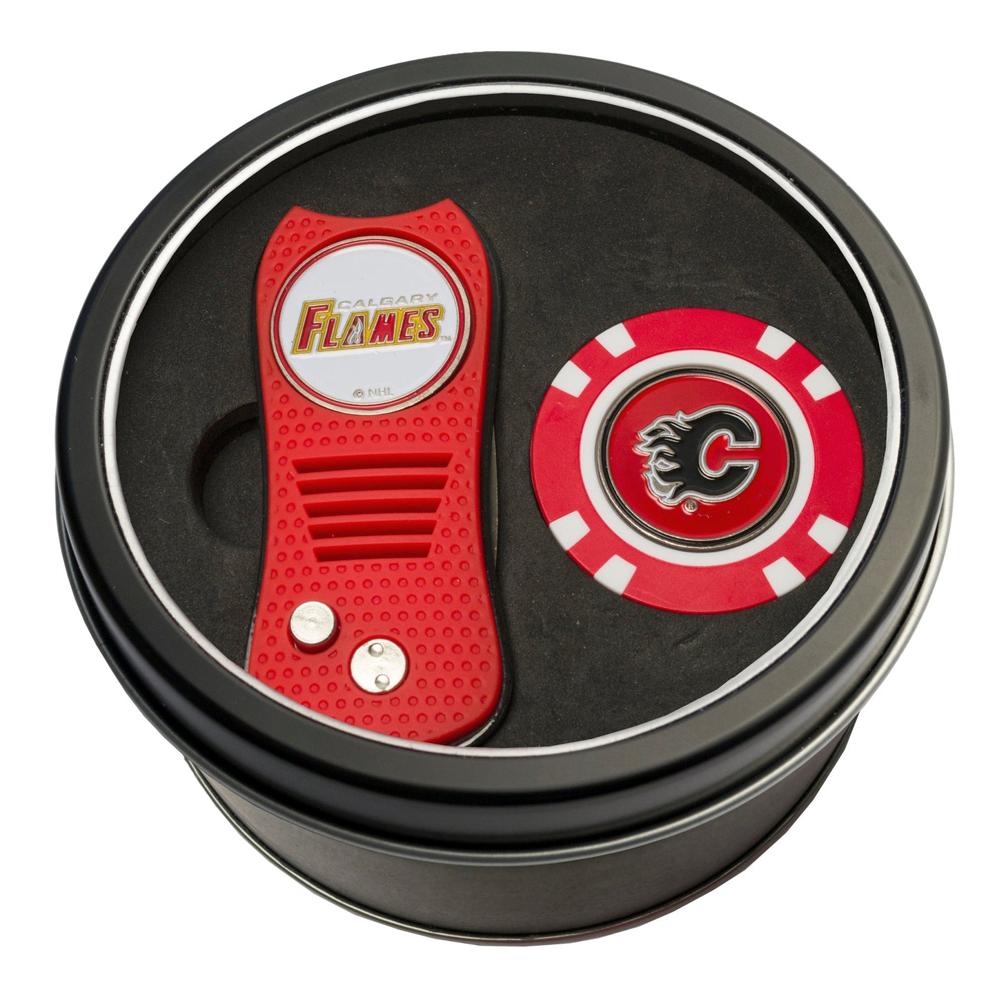 Team Golf CGY Flames Golf Gift Sets - Tin - Divot Tool & Poker Chip - 
