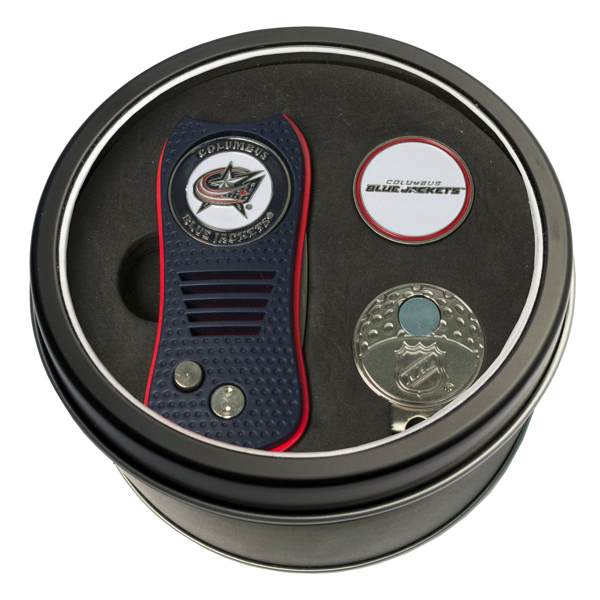 Team Golf COLM Blue Jackets Golf Gift Sets - Tin - Divot Tool & Hat Clip - 