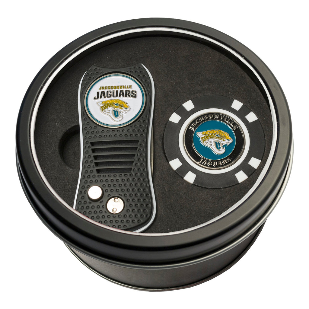 Team Golf Jacksonville Jaguars Golf Gift Sets - Tin-Divot Tool & Poker Chip -