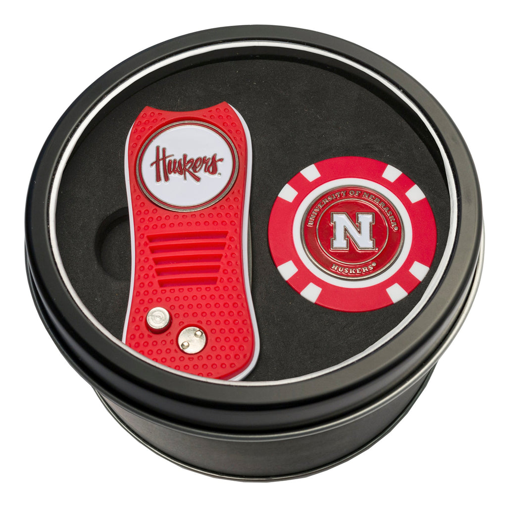 Team Golf Nebraska Golf Gift Sets - Tin - Divot Tool & Poker Chip - 