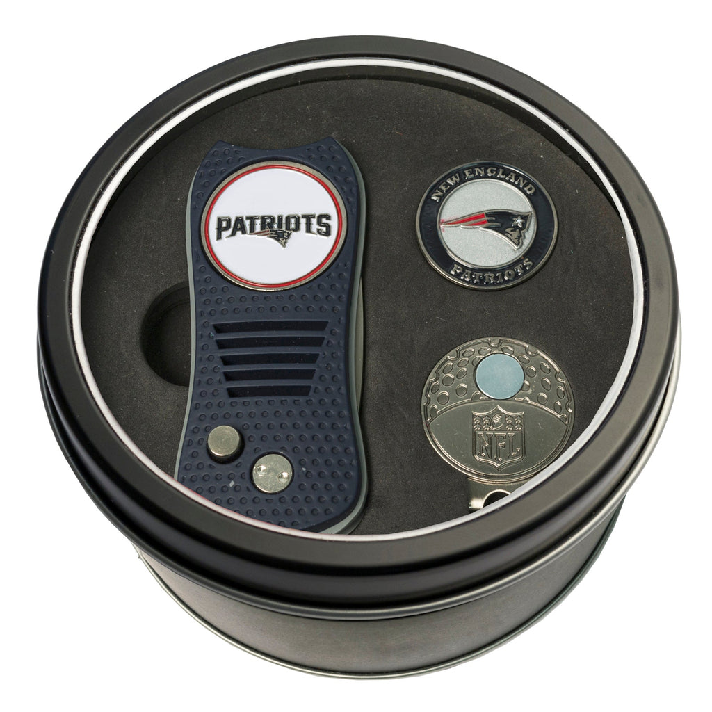 Team Golf New England Patriots Golf Gift Sets - Tin-Divot Tool & Hat Clip -