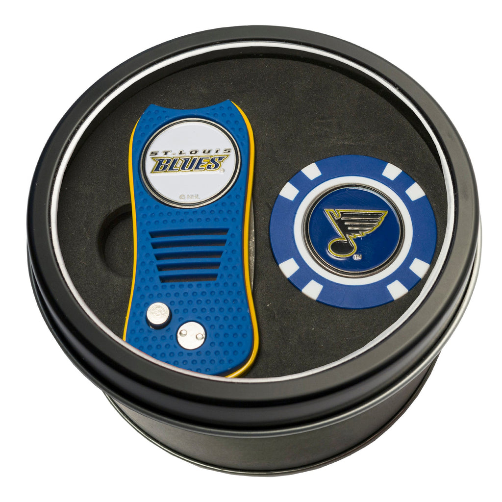 Team Golf STL Blues Golf Gift Sets - Tin - Divot Tool & Poker Chip - 