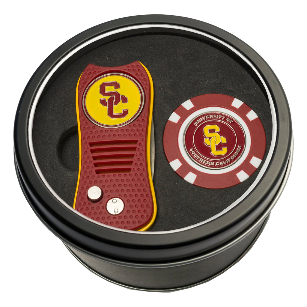 Team Golf USC Golf Gift Sets - Tin - Divot Tool & Poker Chip - 