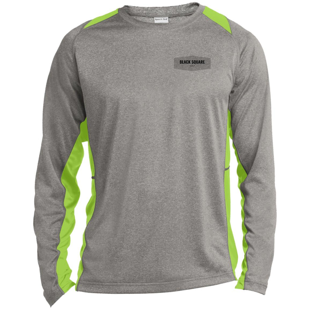 Black Square Golf Shield Long Sleeve Heather Colorblock Performance Tee - Vintage Heather/Lime Shock - X-Small