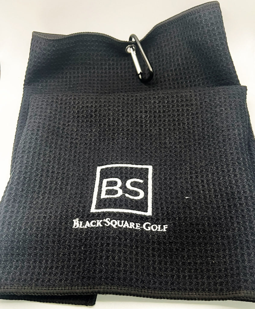 Black Square Golf Trifold Waffle Towel - Black -